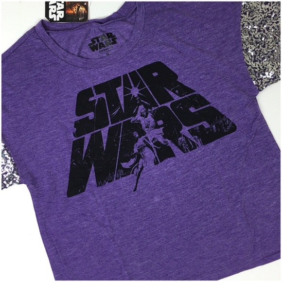 Star Wars Logo Silver Sequin Sleeve Purple Shirt - Picture 7 of 8